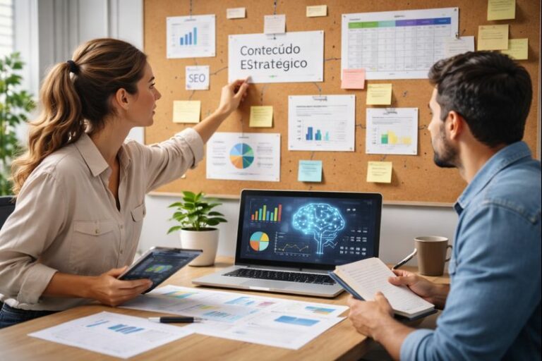 Profissionais analisando dados e estratégias de marketing digital com apoio da inteligência artificial em ambiente de trabalho moderno.