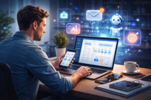 Pessoa utilizando notebook em ambiente de trabalho moderno, representando o uso de inteligência artificial no marketing digital e no e-mail marketing estratégico.