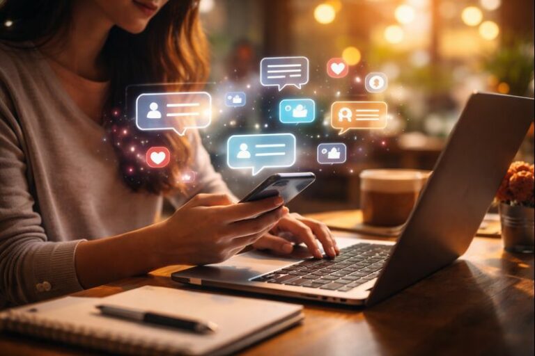 Pessoa trabalhando em notebook com gráficos e dados na tela, representando análise de marketing digital e estratégias de busca.