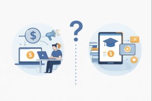 Comparação visual entre dois modelos de negócio digital low ticket, com elementos gráficos representando estratégias online e tomada de decisão