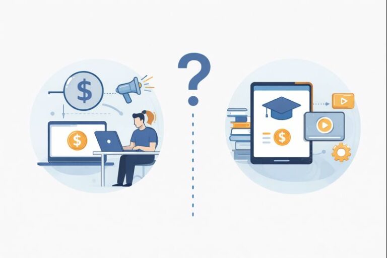 Comparação visual entre dois modelos de negócio digital low ticket, com elementos gráficos representando estratégias online e tomada de decisão