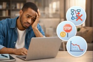 Empreender analisando resultados negativos no marketing digital ao trabalhar em notebook em home office