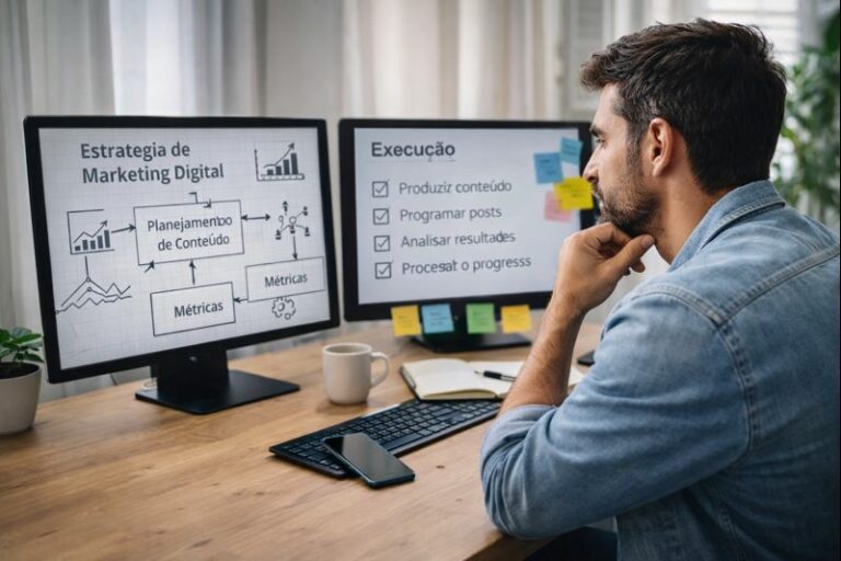 Profissional analisando planejamento de marketing digital com apoio de inteligência artificial em ambiente de trabalho moderno