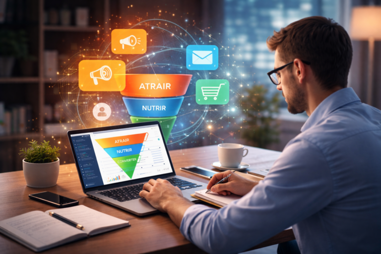 Pessoa trabalhando concentrada em um notebook em ambiente de escritório moderno, com iluminação natural e mesa organizada.