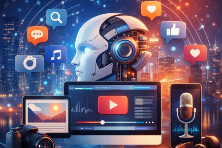 Profissional de marketing digital trabalhando em múltiplos dispositivos, representando integração entre inteligência artificial, redes sociais e produção de conteúdo multimodal.