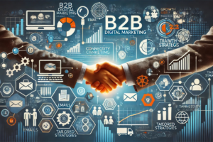 Duas mãos apertando-se em um fundo repleto de ícones e gráficos relacionados ao marketing digital B2B, como gráficos de barras, estratégias personalizadas, conectividade e envio de e-mails. A imagem simboliza a parceria e as estratégias voltadas para empresas no ambiente digital.