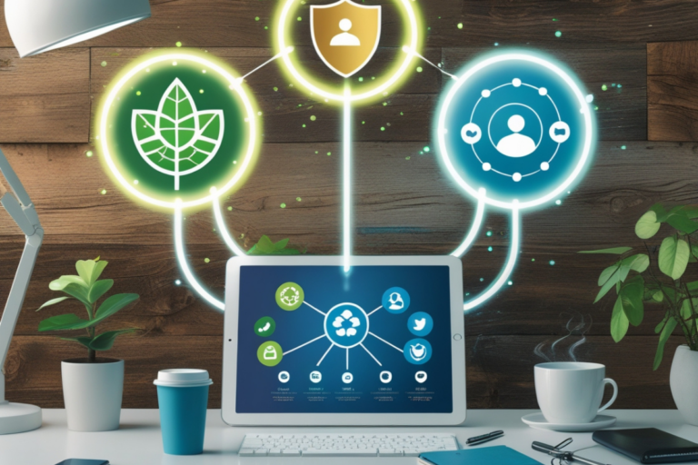 Representação digital do conceito ESG no marketing digital, mostrando conexões entre sustentabilidade, governança e impacto social em uma tela.
