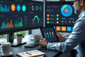 Profissional analisa dados em múltiplas telas e um tablet, utilizando ferramentas de marketing digital para otimização de campanhas e monitoramento de métricas.
