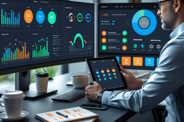 Profissional analisa dados em múltiplas telas e um tablet, utilizando ferramentas de marketing digital para otimização de campanhas e monitoramento de métricas.