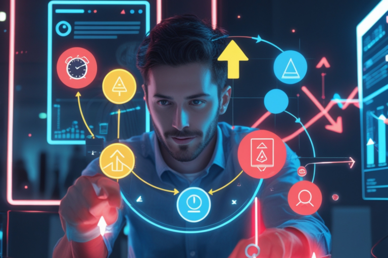 Um homem interage com uma interface holográfica repleta de gráficos e ícones digitais, representando estratégias de gatilhos mentais para aumentar conversões no marketing digital.