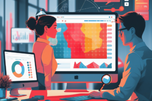 Dois profissionais analisam um grande monitor exibindo um heatmap colorido, destacando áreas de maior interação dos usuários em um site. No ambiente moderno de escritório, outras telas exibem gráficos e dados analíticos.