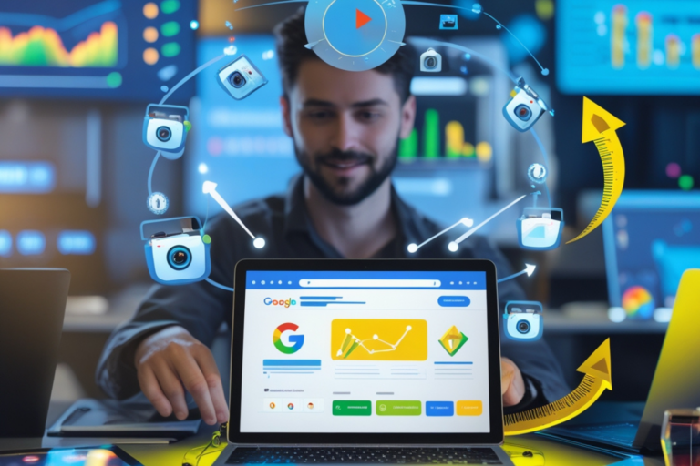 Profissional analisando métricas digitais em um laptop, com ícones de redes sociais e gráficos representando otimização de imagens para melhor ranqueamento no Google.