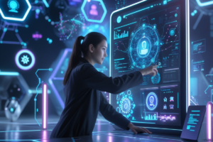 Profissional interagindo com uma tela digital futurista, analisando dados de inteligência artificial aplicados ao marketing digital. O ambiente iluminado destaca gráficos e conexões tecnológicas.