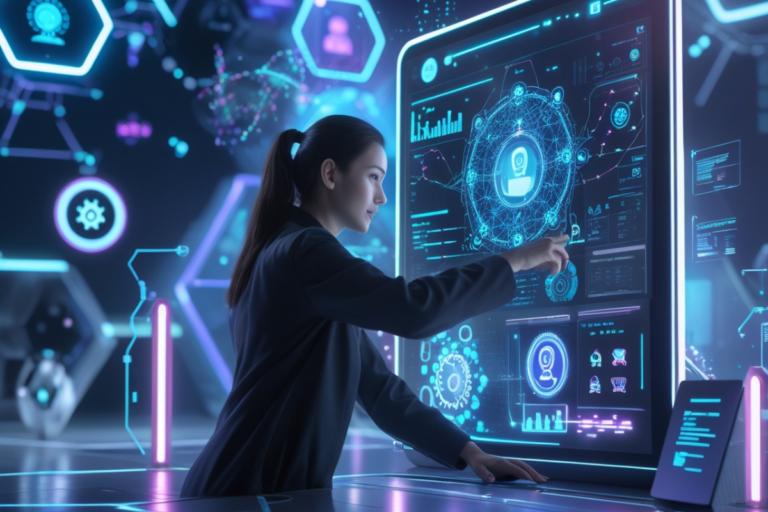 Profissional interagindo com uma tela digital futurista, analisando dados de inteligência artificial aplicados ao marketing digital. O ambiente iluminado destaca gráficos e conexões tecnológicas.