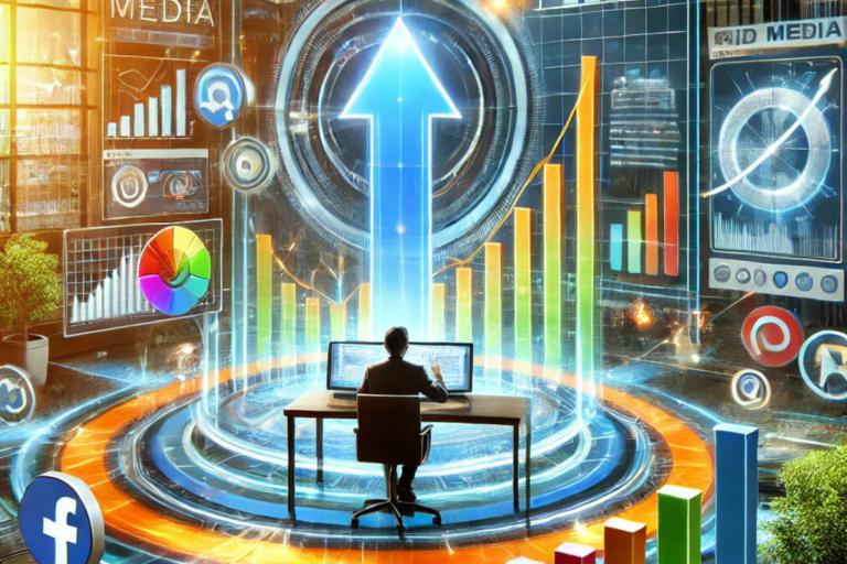 Um profissional sentado à mesa, analisando duas telas de computador enquanto gráficos e ícones de redes sociais, como Facebook e Pinterest, flutuam ao seu redor. No fundo, um grande holograma exibe um gráfico ascendente e um ícone de mídia paga, representando crescimento e sucesso nas campanhas de anúncios.