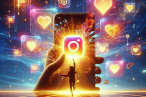 Uma mão segura um smartphone com o ícone do Instagram brilhando intensamente no centro. Uma figura humana caminha em direção ao ícone, cercada por corações e elementos digitais luminosos, representando o engajamento e o crescimento na plataforma.