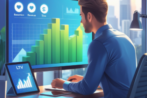 Profissional analisa métricas de LTV (Lifetime Value) no marketing digital, visualizando gráficos de retenção, receita e tempo de vida do cliente em uma tela.