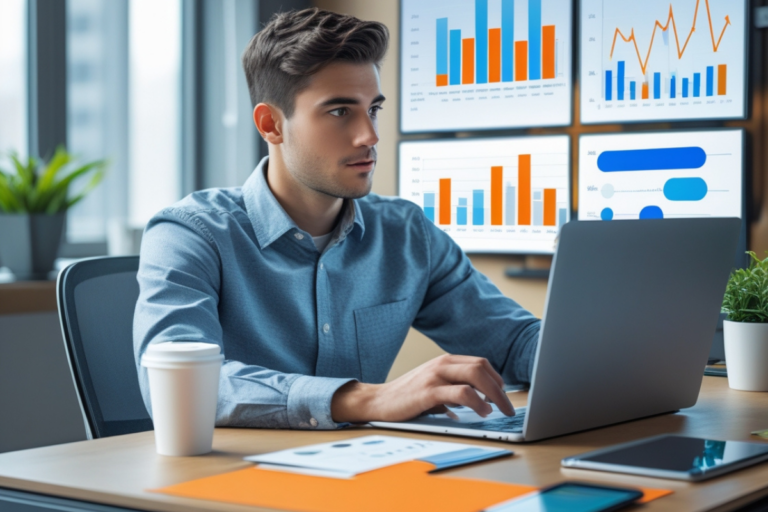 Jovem profissional focado no laptop, analisando gráficos de desempenho digital exibidos em telas ao fundo. O ambiente moderno transmite estratégia e planejamento em marketing digital.