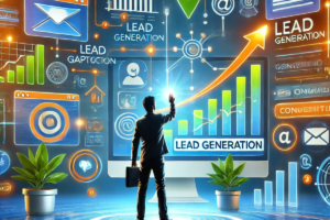 Ilustração digital representando a geração de leads no marketing digital. Uma pessoa interage com um painel digital exibindo gráficos de crescimento, ícones de formulários e setas indicando captação e conversão. Elementos visuais ao redor simbolizam estratégias como e-mails, redes sociais, landing pages e conteúdos digitais. O fundo exibe um ambiente moderno e tecnológico, com telas digitais e luzes neon.