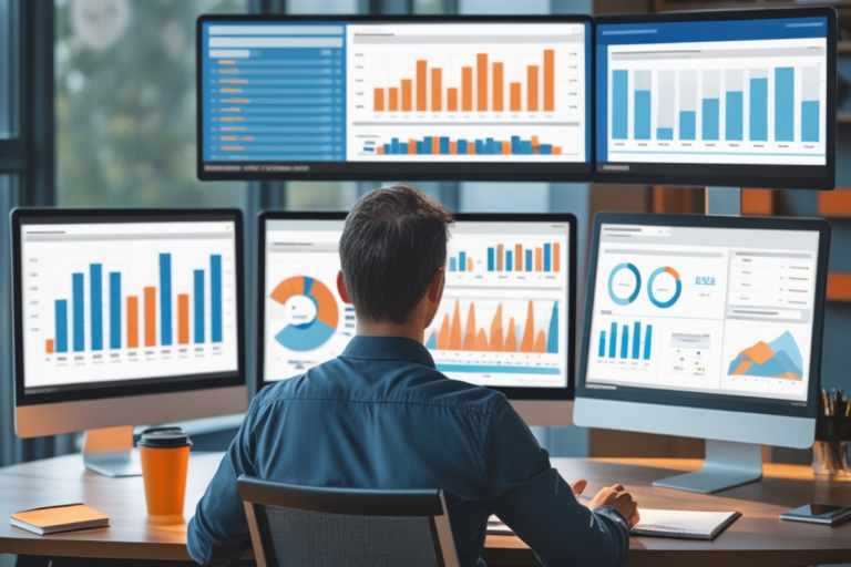 Profissional analisa múltiplos gráficos de desempenho em diversas telas, representando estratégia e planejamento de marketing digital baseado em dados.