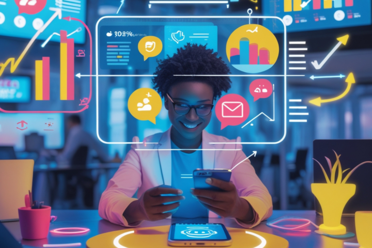 Profissional sorridente usando um smartphone para social selling, cercada por gráficos e ícones digitais representando engajamento e vendas nas redes sociais.