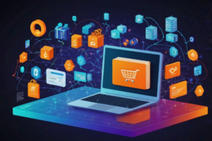 Ilustração de um notebook com ícone de carrinho de compras, cercado por elementos digitais que representam estratégias de marketing para dropshipping.