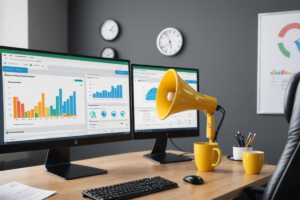 Escritório moderno com dois monitores exibindo gráficos de marketing digital e um megafone amarelo simbolizando estratégias de outbound marketing.
