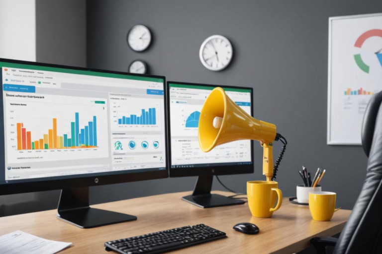 Escritório moderno com dois monitores exibindo gráficos de marketing digital e um megafone amarelo simbolizando estratégias de outbound marketing.