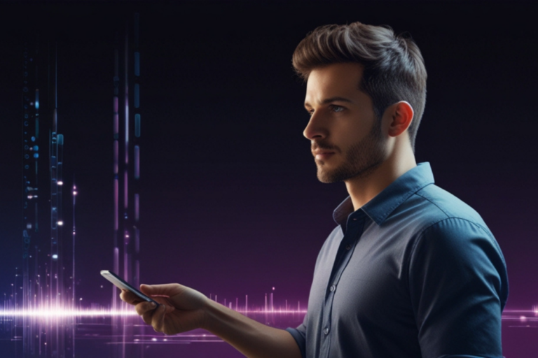 Homem segurando um smartphone em um ambiente futurista, representando a personalização extrema no marketing digital.